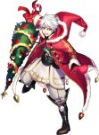  1boy alternate_costume cape christmas christmas_tree fire_emblem fire_emblem:_kakusei fire_emblem_heroes full_body gloves highres hood male_my_unit_(fire_emblem:_kakusei) my_unit_(fire_emblem:_kakusei) open_mouth short_hair smile solo tree white_hair yellow_eyes 