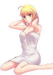  1girl ahoge arms_behind_head blonde_hair breasts cleavage dress fate/stay_night fate_(series) fateline_alpha green_eyes hair_down looking_at_viewer saber simple_background sitting smile solo wariza white_background white_dress 