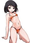  10s 1girl aegis_(nerocc) barefoot bikini black_eyes black_hair flat_chest girls_und_panzer kneeling looking_at_viewer navel no_nose orange_bikini short_hair simple_background solo swimsuit utsugi_yuuki white_background 