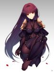  1girl armor bodysuit commentary_request covered_navel fate/grand_order fate_(series) highres legs long_hair looking_at_viewer pauldrons petals purple_bodysuit purple_hair red_eyes scathach_(fate/grand_order) shiny shiny_clothes shoulder_armor smile solo toes veil very_long_hair yukibi_(ykb) 