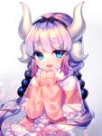  1girl :d beads black_joa black_ribbon blue_eyes blush capelet dragon_horns gradient gradient_background hair_beads hair_ornament hair_ribbon head_tilt highres horns kanna_kamui kobayashi-san_chi_no_maidragon lavender_hair long_hair long_sleeves looking_at_viewer low_twintails open_mouth own_hands_together ribbon skirt slit_pupils smile solo twintails very_long_hair 