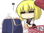  1girl :3 =_= bag black_skirt black_vest blonde_hair bread cake chibi comic commentary_request cosplay food gomasamune hair_ribbon highres holding holding_food necktie ribbon rumia shaded_face shirt shopping_bag shopping_basket short_hair short_sleeves skirt solo sweatdrop swiss_roll touhou translation_request vest white_background white_shirt 