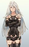  bare_shoulders collarbone crossed_arms elbow_gloves gloves grey_eyes highres makimura_shunsuke mole mole_under_mouth nier_(series) nier_automata short_shorts shorts silver_hair thigh-highs yorha_type_a_no._2 