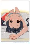  1girl 2011 :o absurdres armpits black_hair blush brown_eyes dated errant forehead highres k-on! long_hair looking_at_viewer lying nakano_azusa on_back open_mouth solo swimsuit twintails upside-down 