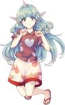  1girl animal_ears bangs buttons full_body green_eyes green_hair highres horn komano_aunn light_smile long_hair looking_at_viewer paw_pose red_shirt sandals shirt short_sleeves shorts simple_background solo touhou uranaishi_(miraura) white_background 