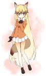  1girl :| alternate_hair_length alternate_hairstyle animal_ears arm_at_side black_footwear black_gloves black_shoes blazer blonde_hair blush bow bowtie brown_eyes brown_hair buttons clenched_hand closed_mouth dot_nose expressionless extra_ears eyelashes ezo_red_fox_(kemono_friends) fox_ears fox_tail full_body fur-trimmed_sleeves fur_trim gloves gradient_hair gradient_legwear hair_between_eyes hand_on_own_chest hand_up jacket kemono_friends kiri_(hakobato) leg_lift loafers long_hair long_sleeves looking_at_viewer multicolored multicolored_background multicolored_clothes multicolored_hair multicolored_legwear necktie orange_jacket orange_legwear outline pantyhose pink_background pleated_skirt shoes skirt solo standing standing_on_one_leg tail tsurime two-tone_background two-tone_legwear very_long_hair white_background white_bow white_bowtie white_hair white_legwear white_outline white_skirt yellow_necktie 