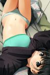  1girl black_eyes black_hair blush eyebrows_visible_through_hair highres lifted_by_self looking_at_viewer matsunaga_kouyou navel original panties short_hair skirt skirt_lift solo sports_bra striped striped_panties underwear upside-down 