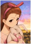  1girl brown_hair city city_lights cityscape closed_mouth clouds cloudy_sky collarbone dress hair_ribbon hairband hands_up highres hitoto holding holding_stuffed_animal idolmaster long_hair minase_iori pink_hairband pink_ribbon ribbon scenery short_sleeves sky solo star_(sky) starry_sky stuffed_animal stuffed_bunny stuffed_toy upper_body white_border 