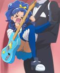 &gt;_&lt; 1girl blue_hair blue_legwear blue_panties blush bow bowtie carrying clenched_hands closed_eyes electric_guitar fang formal gloves guitar haruyama_kazunori instrument kirakira_precure_a_la_mode open_mouth panties precure princess_carry print_panties solo_focus suit tategami_aoi thigh-highs underwear white_gloves 