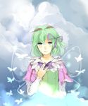  antennae bow butterfly butterfly_wings clouds crying dress frown green_hair hair_ornament hair_ribbon highres kohaku_(rune_factory) long_sleeves lurs md5_mismatch open_mouth ribbon rune_factory rune_factory_4 shirt short_hair wings 
