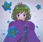  1girl blue_eyes cloak covered_mouth fire_emblem fire_emblem:_rekka_no_ken floral_background flower green_hair lijupy looking_at_viewer nino_(fire_emblem) petals solo solo_focus 