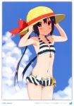  1girl 2011 absurdres armpits bikini black_hair blush brown_eyes clouds dated day errant hand_on_headwear happy hat highres k-on! long_hair looking_at_viewer nakano_azusa navel smile solo striped striped_bikini sun_hat swimsuit twintails 