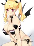  1girl :q bangs bikini black_bikini blonde_hair blunt_bangs blush breasts choker cleavage collarbone demon_tail demon_wings gradient gradient_background grey_background hair_ornament highres large_breasts long_hair looking_at_viewer navel red_eyes ribbon_choker sen_(natuo8805) side-tie_bikini simple_background smile solo swimsuit tail tokyo_7th_sisters tongue tongue_out twintails uesugi_u_kyouko wings 