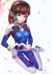  &gt;:3 1girl 2017 :3 acronym animal_print artist_name bangs blue_bodysuit bodysuit boots bracer breasts breasts_apart brown_eyes brown_hair bunny_print cherry_blossoms closed_mouth d.va_(overwatch) dated eyelashes facepaint facial_mark flower full_body gloves hands_up head_tilt headphones heart heart_hands highres long_hair looking_at_viewer medium_breasts on_floor overwatch pauldrons petals pilot_suit pink_lips shiny shiny_clothes shogakusei_aki shoulder_pads sitting skin_tight smile swept_bangs thigh-highs thigh_boots thigh_strap turtleneck whisker_markings white_boots white_gloves yokozuwari 