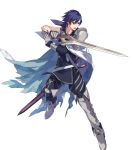  1boy armor artist_request bangs belt blue_eyes blue_hair cape fire_emblem fire_emblem:_kakusei fire_emblem_heroes full_body gloves highres holding holding_weapon krom male_focus official_art pants sheath short_hair shoulder_armor sleeveless sword transparent_background weapon 