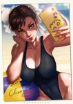  1girl abs absurdres artist_name bangs bare_shoulders beach blue_sky blue_swimsuit breasts brown_eyes brown_hair bun_cover cameo cellphone cellphone_charm character_name chun-li cleavage clouds cloudy_sky collarbone covered_navel crayon_shin-chan dandon_fuga day double_bun earrings erect_nipples eyelashes eyeliner eyeshadow fingernails glint groin hand_on_own_cheek hand_on_own_face hands_up highleg highleg_swimsuit highres holding holding_cellphone holding_phone jewelry large_breasts leaning_to_the_side lens_flare light_smile lips lipstick_mark long_fingernails makeup mascara morgana_(persona_5) muscle nose ocean one-piece_swimsuit outdoors patreon_reward persona persona_5 phone pink_lips self_shot shin-chan short_hair sitting sky smartphone street_fighter sweat swimsuit taking_picture toned water 