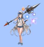  1girl 96dgd ;) absurdres blue_background blue_eyes dungeon_and_fighter full_body hat highres long_hair looking_at_viewer mage_(dungeon_and_fighter) magic one_eye_closed peaked_cap pointy_ears sailor_collar short_shorts shorts silver_hair sleeveless smile solo staff standing very_long_hair 