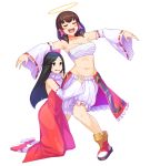  2girls :d bangs bare_shoulders belly black_eyes black_hair bloomers blush boots breasts brown_hair cleavage closed_eyes collarbone cookie_(touhou) detached_sleeves dress eyebrows_visible_through_hair full_body guilty_gear hair_tubes hakurei_reimu halo highres kanna_(cookie) kneeling long_hair medium_breasts midriff multiple_girls navel open_mouth parody parted_bangs red_dress ribbon-trimmed_sleeves ribbon_trim scarf shiromiya_rei_(cookie) shoes smile standing stomach straight_hair sweat tarmo touhou transparent_background underwear white_legwear white_scarf wide_sleeves zappa 