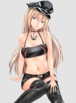  1girl alternate_costume anchor bismarck_(kantai_collection) blonde_hair blue_eyes breasts choker cleavage hat irohakaede kantai_collection long_hair medium_breasts military_hat navel peaked_cap short_shorts shorts simple_background solo thigh-highs 