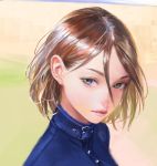  1girl arata_yokoyama blurry brown_eyes brown_hair buckle buttons closed_mouth expressionless eyebrows_visible_through_hair gradient gradient_background hair_between_eyes highres lips nababa original realistic shiny shiny_hair short_hair solo upper_body 