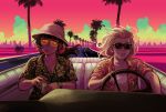  2girls akamatsu_kaede alternate_costume ballooncar beamed_semiquavers beer_can black_hair blonde_hair bucket_hat can car cigarette convertible cosplay dangan_ronpa driving fear_and_loathing_in_las_vegas ground_vehicle harukawa_maki hat hawaiian_shirt highres hunter_s_thompson hunter_s_thompson_(cosplay) looking_down motor_vehicle multiple_girls musical_note musical_note_hair_ornament new_dangan_ronpa_v3 palm_tree parody raoul_duke raoul_duke_(cosplay) scrunchie shirt smoking sunglasses sunset tied_hair tree twintails vehicle watch 