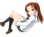  10s 1girl bangs black_legwear black_neckerchief black_ribbon blouse brown_eyes brown_hair brown_shoes from_side full_body girls_und_panzer green_skirt hair_ribbon kadotani_anzu loafers long_hair long_sleeves looking_at_viewer looking_back lying miniskirt neckerchief on_back ooarai_school_uniform parted_bangs parted_lips pleated_skirt ribbon school_uniform serafuku shoes simple_background skirt socks solo twintails umekichi white_background white_blouse 