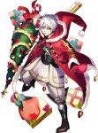  1boy cape christmas christmas_tree fire_emblem fire_emblem:_kakusei fire_emblem_heroes fujiwara_ryo full_body gift gloves hat highres hood looking_at_viewer male_my_unit_(fire_emblem:_kakusei) my_unit_(fire_emblem:_kakusei) official_art santa_hat short_hair smile solo white_hair yellow_eyes 