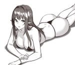  1girl ass bangs bare_shoulders bikini bracelet breasts cleavage collarbone eyebrows_visible_through_hair greyscale houtengeki jewelry long_hair looking_at_viewer lying medium_breasts monochrome on_stomach original pointy_ears simple_background solo swimsuit thong_bikini white_background 