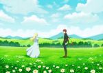  1boy 1girl boots brown_boots commentary_request dress emiya_shirou fate/stay_night fate_(series) fateline_alpha field flower green_eyes hair_down landscape long_hair profile redhead saber scarf scenery short_hair white_dress 