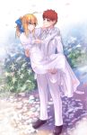  1boy 1girl bow brown_eyes carrying dress emiya_shirou fate/stay_night fate_(series) fateline_alpha flower formal green_eyes hair_bow highres jewelry necktie pants petals ponytail princess_carry redhead ring saber short_hair smile suit wedding_ring white_dress white_necktie white_pants white_suit 