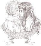  2girls bangs blush bonchocola card_captor_sakura closed_eyes daidouji_tomoyo flower half_updo hand_holding happy interlocked_fingers kinomoto_sakura laughing monochrome multiple_girls open_mouth profile ribbon rose short_hair two_side_up yuri 