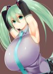  1girl absurdres aqua_eyes aqua_hair armpits arms_up breasts brown_background detached_sleeves facominn hatsune_miku highres huge_breasts long_hair looking_at_viewer naughty_face necktie sideboob simple_background skirt smile solo twintails upper_body vocaloid 