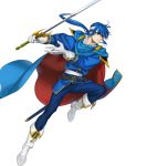  1boy armor artist_request bangs belt blue_eyes blue_hair boots cape celice_(fire_emblem) fire_emblem fire_emblem:_seisen_no_keifu fire_emblem_heroes full_body gloves headband highres holding holding_weapon long_hair male_focus official_art pants sheath shoulder_armor solo sword transparent_background weapon 