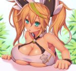  1girl :o aqua_eyes asamura_hiori bare_shoulders blonde_hair breast_rest breasts cleavage gene_(pso2) highres huge_breasts long_hair looking_at_viewer parted_lips phantasy_star phantasy_star_online_2 solo twintails 