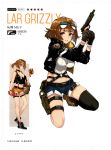  1girl absurdres artist_request asymmetrical_legwear bangs bare_shoulders belt_pouch boots breasts brown_hair character_request cleavage collar collarbone earrings eyebrows_visible_through_hair food full_body girls_frontline glasses glasses_on_head gloves gun hamburger handgun highres holding jacket jewelry looking_at_viewer medium_breasts midriff navel official_art open_clothes open_jacket scan shoes short_hair shorts simple_background sleeveless sneakers violet_eyes weapon white_background 