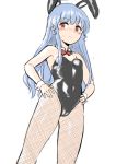  1girl alternate_costume animal_ears bare_shoulders blue_hair blush bow bowtie breasts covered_navel eyebrows_visible_through_hair fake_animal_ears fishnet_pantyhose fishnets hands_on_hips hinanawi_tenshi long_hair momo_retasu no_hat no_headwear pantyhose rabbit_ears red_bow red_eyes simple_background sketch small_breasts solo standing touhou white_background 