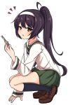  /\/\/\ 10s 1girl ahoge alternate_hairstyle arm_at_side black_hair black_legwear brown_eyes brown_footwear brown_shoes cellphone chawan_(yultutari) collarbone dot_nose eyebrows_visible_through_hair girls_und_panzer green_sailor_collar green_skirt hair_ornament hairband hand_up high_ponytail highres holding holding_phone loafers long_hair long_sleeves ooarai_school_uniform open_mouth phone pleated_skirt ponytail reizei_mako sailor_collar school_uniform shirt shoes simple_background skirt sleeve_cuffs smartphone socks solo squatting tsurime white_background white_hairband white_shirt 