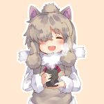  1girl ^_^ alpaca_ears alpaca_suri_(kemono_friends) animal_ears bangs beige_vest blonde_hair blush breast_pocket closed_eyes cup dot_nose drink facing_viewer fur-trimmed_sleeves fur-trimmed_vest fur_collar fur_trim hair_bun hair_ornament hair_over_one_eye hair_ribbon hair_tie highres holding holding_cup kemono_friends long_sleeves neck_ribbon nuqura open_mouth outline pink_background pink_ribbon pocket ribbon shirt short_hair sidelocks simple_background smile solo swept_bangs tea tress_ribbon upper_body vapors vest white_outline white_shirt yunomi |d 