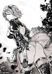  1girl :/ ass black_joa blindfold blurry breasts closed_mouth day depth_of_field dutch_angle from_behind highres large_breasts looking_to_the_side mole mole_under_mouth monochrome nier_(series) nier_automata outdoors short_hair skirt solo thigh-highs twitter_username wedgie wind yorha_no._2_type_b 