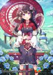  1girl blue_flower blush bow breasts character_request cleavage cleavage_cutout eyebrows_visible_through_hair flower hair_flower hair_ornament large_breasts looking_at_viewer open_mouth parasol qurare_magic_library red_bow shoonear sitting solo umbrella violet_eyes 