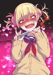  1girl :d bangs blonde_hair blunt_bangs blush boku_no_hero_academia bow bowtie cardigan double_bun fangs heart heart_background highres knife long_sleeves looking_at_viewer minatasiro open_mouth red_bow school_uniform serafuku smile solo toga_himiko twintails v yandere_trance yellow_eyes 