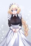  1girl :d alternate_costume apron blonde_hair blue_eyes blush braid breasts commentary_request enmaided fate/apocrypha fate_(series) hands_together large_breasts long_hair long_sleeves looking_at_viewer maid maid_headdress neck_ribbon open_mouth red_ribbon ribbon ruler_(fate/apocrypha) single_braid smile solo sushimaro twitter_username very_long_hair waist_apron 