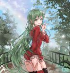  1girl 96dgd absurdres black_legwear dress dungeon_and_fighter earrings flower green_eyes green_hair hair_flower hair_ornament hand_holding highres jewelry long_hair looking_at_viewer looking_back open_mouth outdoors park red_dress short_dress smile solo_focus thigh-highs very_long_hair w 