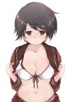  1girl bikini bikini_under_clothes black_hair blush breasts cleavage front-tie_bikini front-tie_top green_eyes kantai_collection looking_at_viewer medium_breasts mogami_(kantai_collection) navel open_clothes open_shirt pants_pull shirt short_hair side-tie_bikini simple_background solo swimsuit white_background white_bikini yumesato_makura 