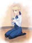  1girl ahoge blonde_hair bow braid cup fate/stay_night fate_(series) fateline_alpha hair_bow high-waist_skirt highres holding holding_cup pantyhose saber seiza sidelocks sitting skirt smile solo 
