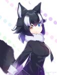  1girl :&gt; alternate_hair_length alternate_hairstyle animal_ears arms_at_sides black_hair black_jacket blazer blue_background blue_eyes breasts buttons eyebrows_visible_through_hair eyelashes from_side fur_collar gloves gradient_clothes gradient_hair grey_wolf_(kemono_friends) heterochromia jacket kemono_friends large_breasts lavender_background long_sleeves looking_at_viewer multicolored multicolored_background multicolored_hair necktie nyori outline pink_background plaid plaid_necktie short_hair sleeve_cuffs smile solo tail tsurime twitter_username two-tone_hair upper_body wavy_hair white_background white_gloves white_hair wolf_ears wolf_tail yellow_eyes 
