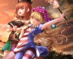  2girls american_flag_legwear american_flag_shirt arm_up blonde_hair breast_lift breast_rest breasts chains choker clothes_writing clouds clownpiece cowboy_shot crossed_arms dutch_angle from_below hair_blowing hat hecatia_lapislazuli highres holding jester_cap long_hair looking_at_viewer looking_to_the_side multicolored multicolored_clothes multicolored_skirt multiple_girls open_mouth outdoors pointing pointy_ears polos_crown red_eyes red_sky redhead shirt short_hair shounen_(hogehoge) single_tear skirt sky smile standing sunset t-shirt torch touhou 