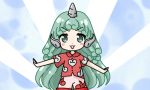  &gt;:3 &gt;:d 1girl :3 :d airiaisu alternate_eye_color aqua_eyes aqua_hair bangs bare_arms blue_background blush_stickers buttons cloud_print collared_shirt commentary cowboy_shot curly_hair eyebrows_visible_through_hair horn komano_aunn legs_apart long_hair lowres open_mouth outstretched_arms red_shirt shirt shorts smile solo standing tareme touhou white_shorts 