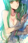  1girl bangs bare_arms bare_shoulders breasts c.c. cleavage code_geass collarbone creayus dress dutch_angle green_hair lips long_hair lying medium_breasts on_side parted_lips shiny shiny_skin sleeveless sleeveless_dress solo straight_hair sundress tsurime upper_body very_long_hair water water_drop wet wet_clothes wet_dress white_dress yellow_eyes 