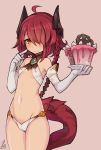 1girl :t ahoge bare_shoulders blush braid breasts brown_eyes cake dated elbow_gloves food food_on_face gloves hair_ornament hair_over_one_eye headpiece mou_tama_maru navel pink_background redhead short_hair_with_long_locks side_braid simple_background small_breasts solo tail under_boob white_gloves 